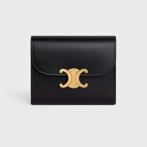 CELINE Small Flap Wallet Triomphe In Shiny Calfskin - Black | 100% AUTHENTIC